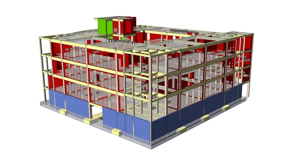 Modelo 3D con vigas, pilares y forjados de una estructura en Libia, donde se destacan los elementos portantes principales.