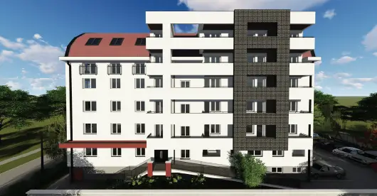 Edificio residencial moderno de varias plantas con fachada blanca, detalles de ladrillo oscuro y cubierta roja, rodeado de vegetación y una zona de aparcamiento bajo un cielo parcialmente nublado.