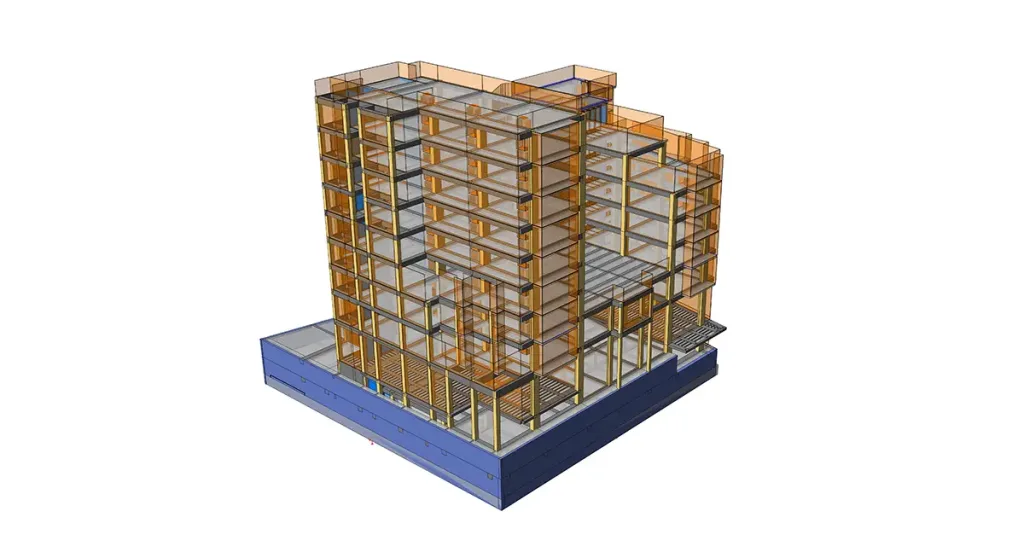 Modelo estructural 3D con pilares, vigas y forjados en el diseño de un edificio en Libia.