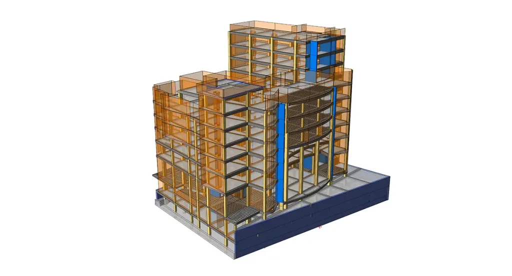 Modelo 3D de un edificio con vigas, pilares y losas de forjado para una transmisión de cargas eficiente en un proyecto en Libia.
