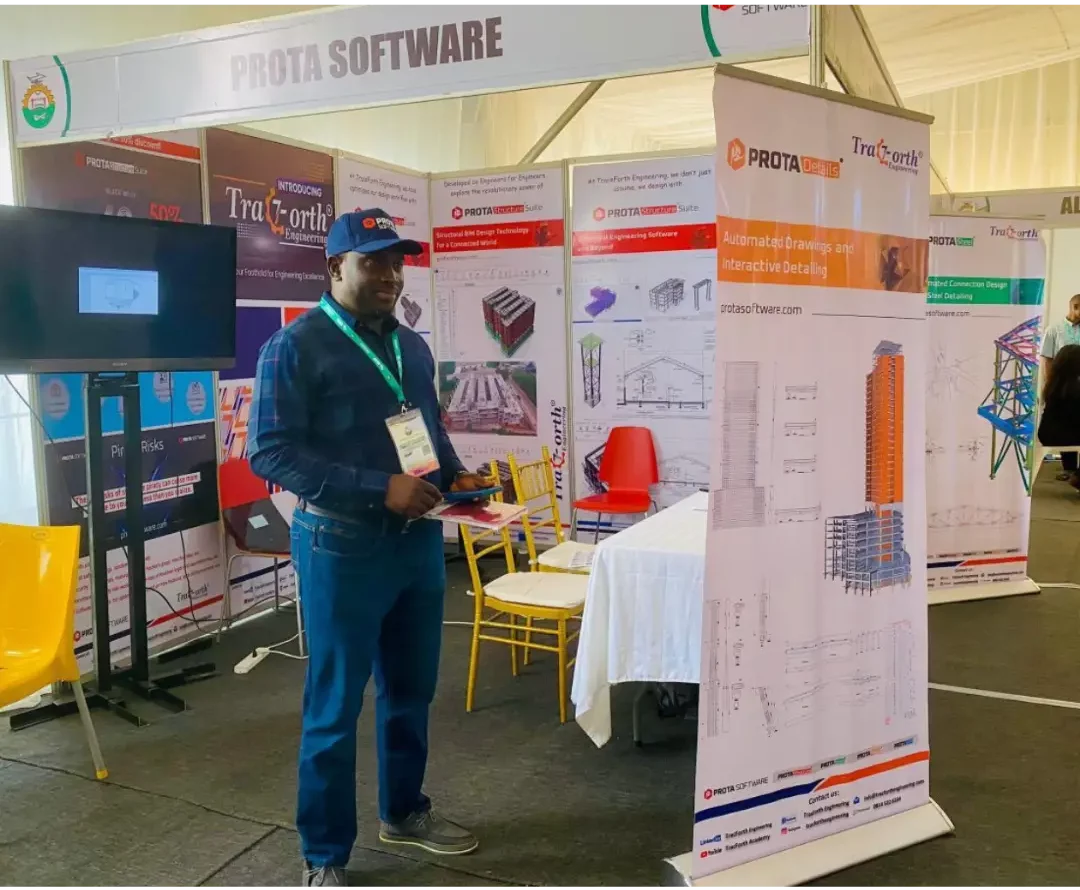 Un estand de ProtaStructure in Africa que exhibe herramientas de diseño innovadoras en un evento de ingeniería.