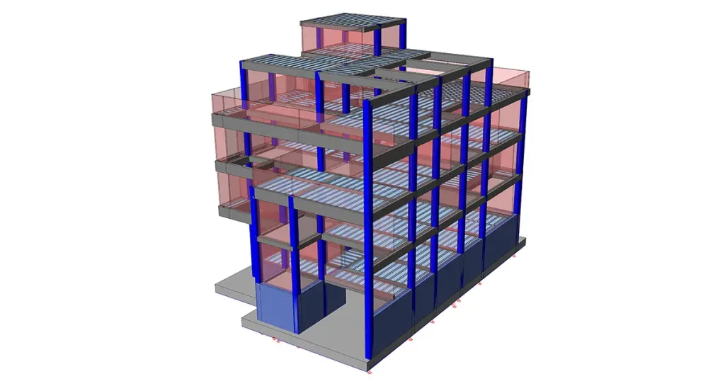 Representación 3D de pilares, vigas y sistemas de forjado en el diseño estructural de un edificio en Libia.