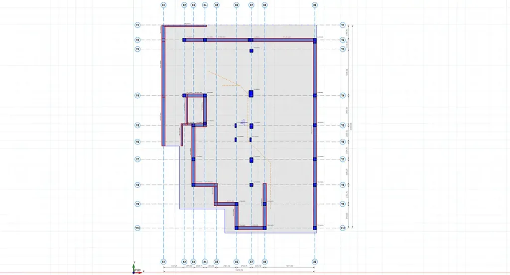 Planta con pilares, vigas y otros elementos estructurales en el diseño de un edificio en Libia.