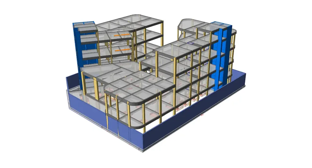 Sección estructural 3D con pilares, vigas y losas de forjado en un edificio libio para optimizar la distribución de cargas.