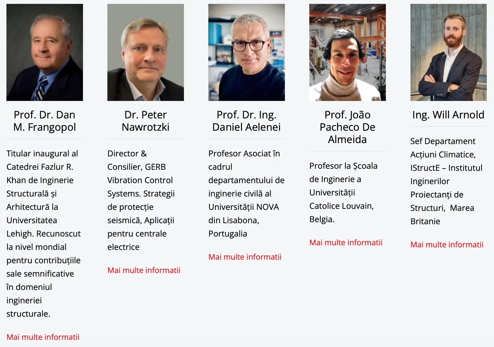 Una captura de pantalla de una página web con los perfiles de cinco profesores e ingenieros.