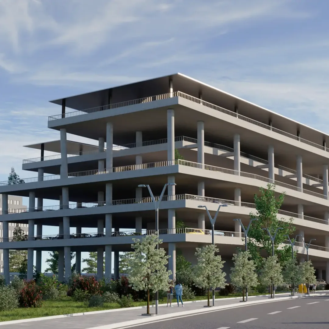 Rendu architectural depuis la rue d'un parking à niveaux ouverts le long d'une voie bordée d'arbres