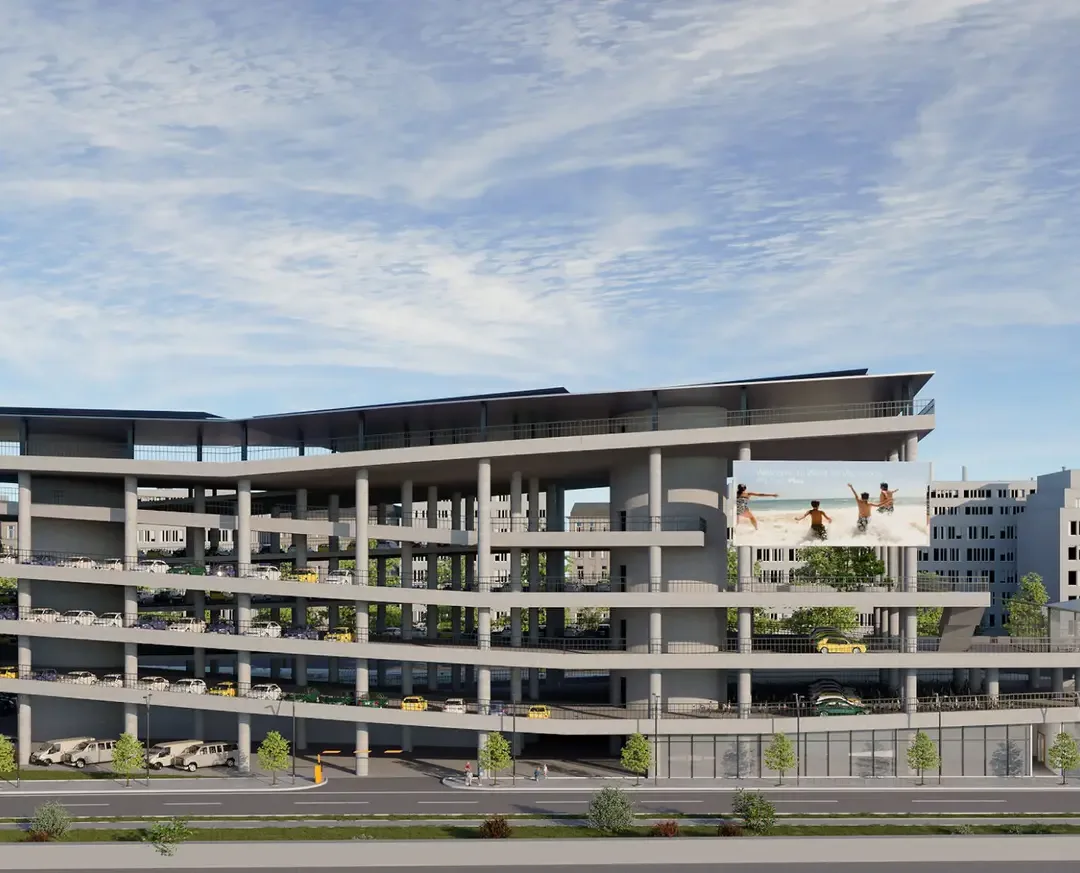 Rendu architectural d'un parking à niveaux ouverts avec un auvent de toiture en saillie