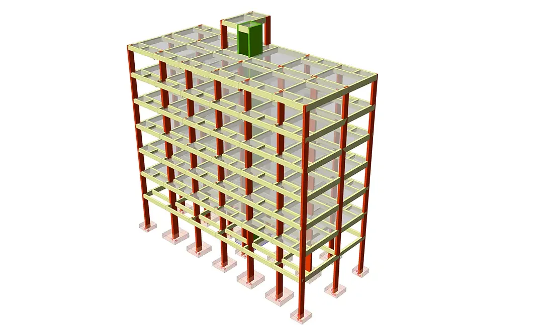 Modèle d'ossature en béton armé de six niveaux montrant les panneaux de dalle et la trame de poutres à chaque étage