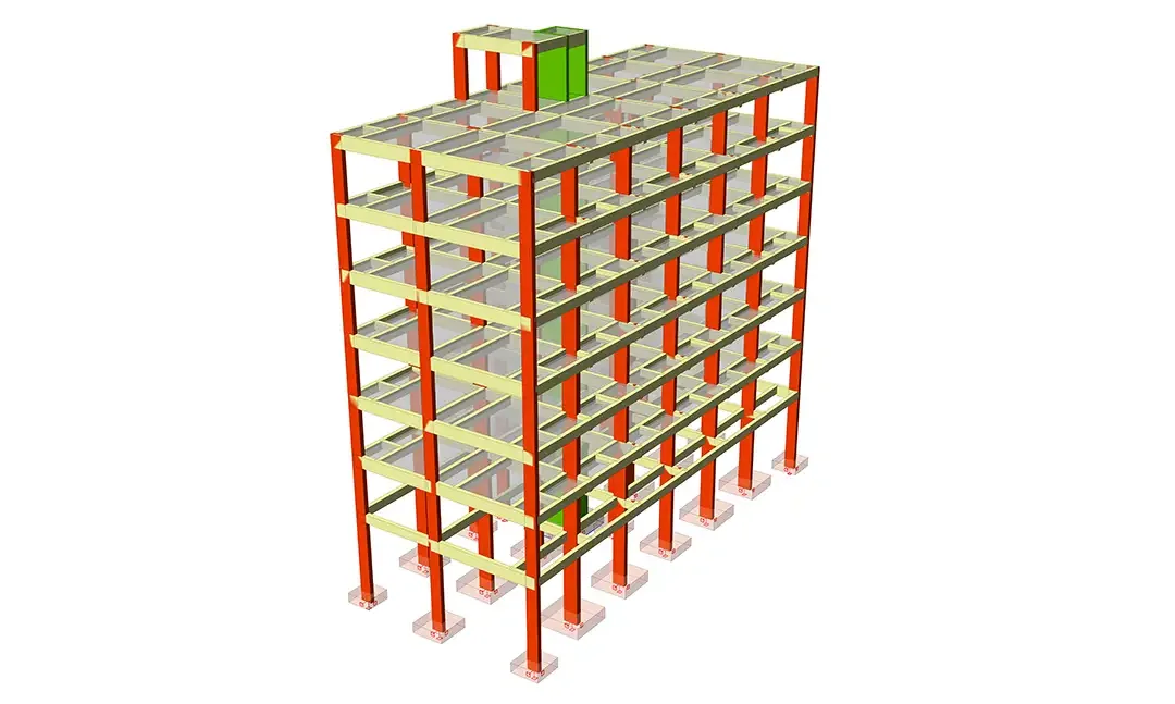 Modèle structurel d'une auberge en béton armé de six niveaux avec poteaux orange et poutres jaunes