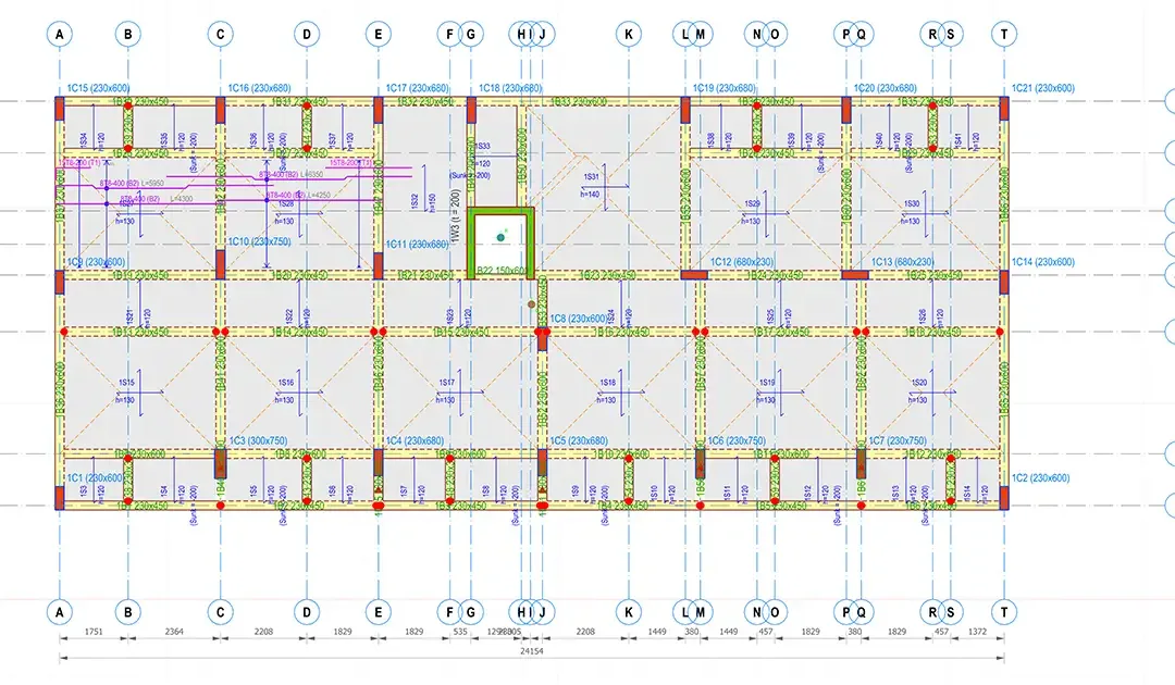 Plan de structure avec les sections de poteaux et de poutres repérées sur chaque élément d'une ossature en béton armé