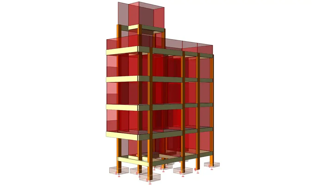 Modèle structurel d'une ossature de bungalow de quatre niveaux avec murs de remplissage rouges et local technique en toiture