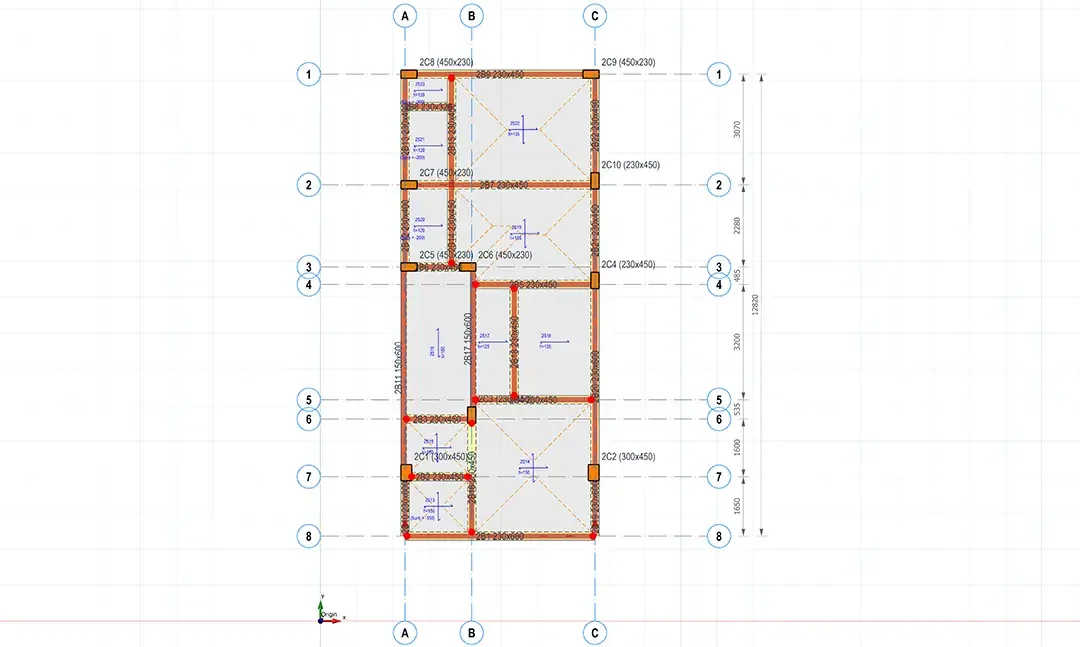 Plan de structure d'un bungalow étroit avec les sections de poutres et de poteaux repérées sur chaque élément