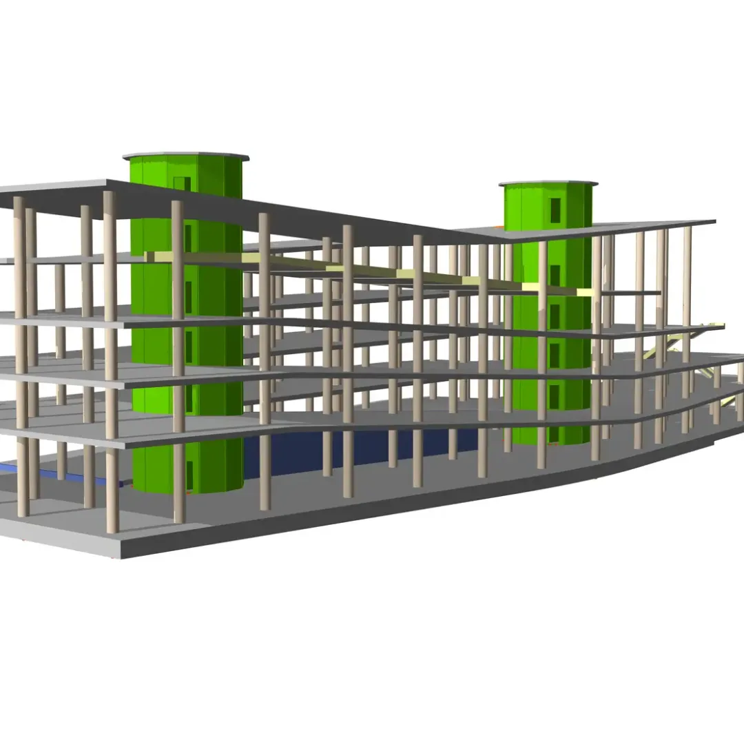 Modèle structurel d'un parking à étages incurvé avec deux noyaux circulaires verts d'escalier et d'ascenseur