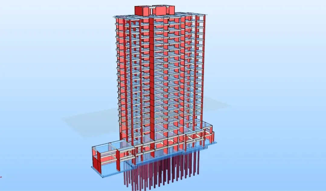 Modèle structurel d'une tour résidentielle avec voiles de contreventement rouges au-dessus d'un podium et d'une fondation sur pieux
