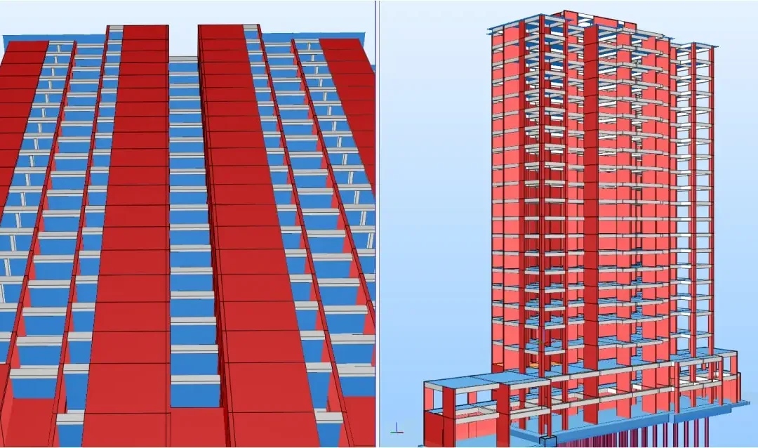 Vue divisée du modèle d'une tour résidentielle montrant un gros plan de façade à côté du modèle sur toute la hauteur