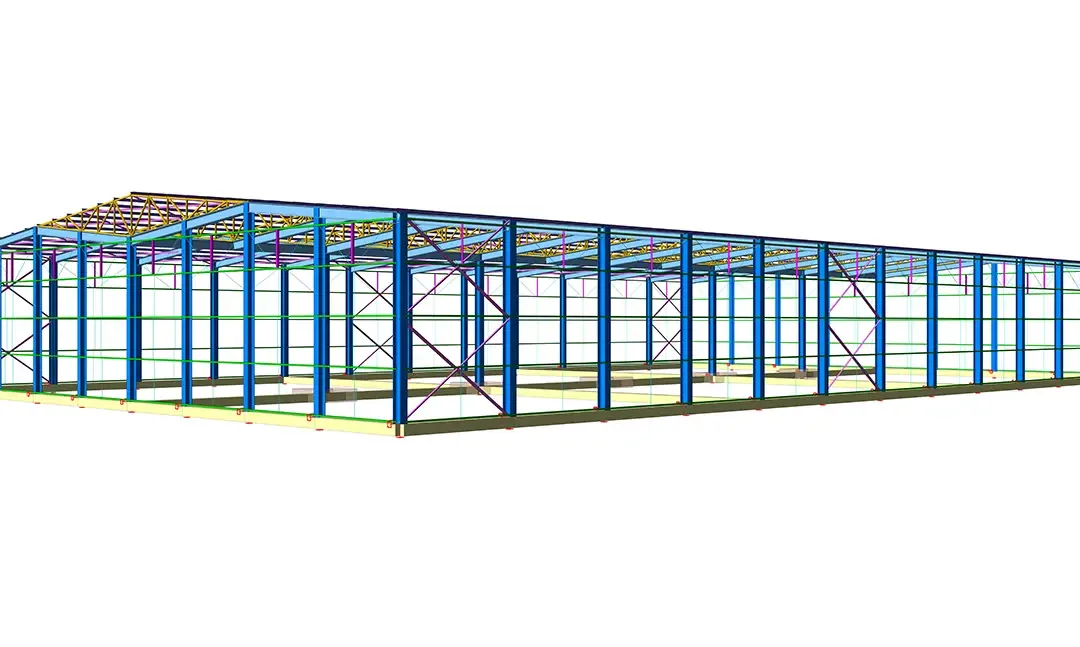 Modèle 3D d'un bâtiment industriel à portiques métalliques de plain-pied avec poteaux bleus et pannes de toiture