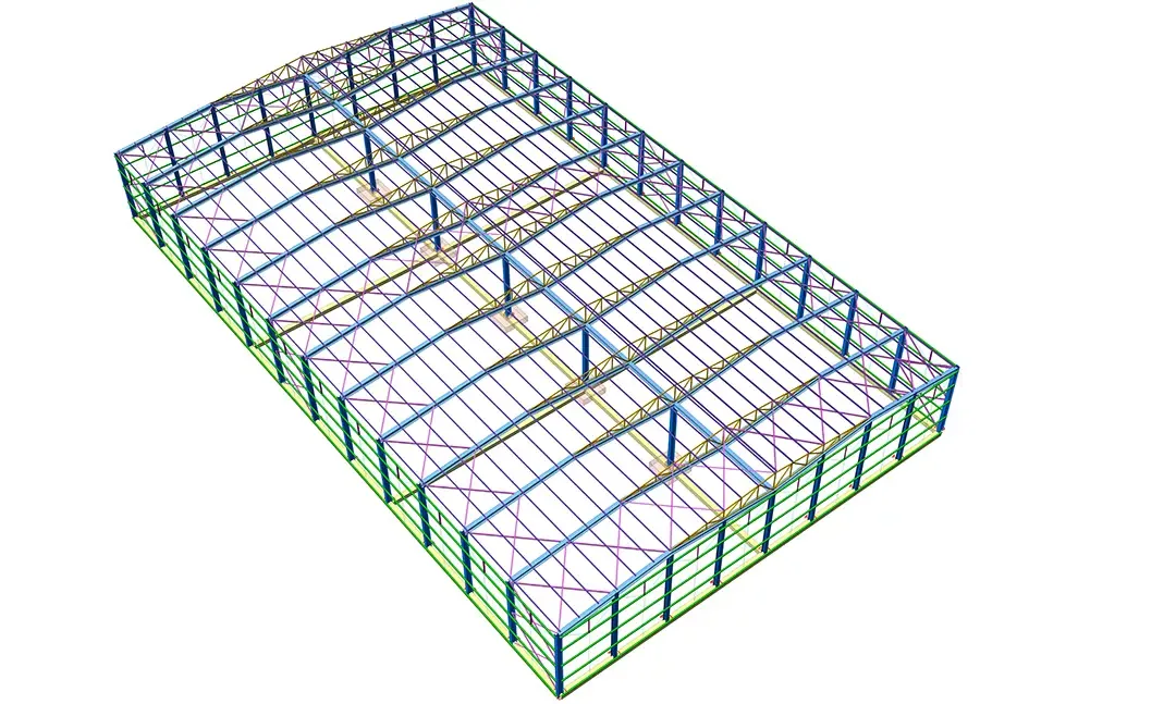 Vue isométrique d'un entrepôt à portiques métalliques montrant les fermes de toiture, les pannes et le contreventement de façade