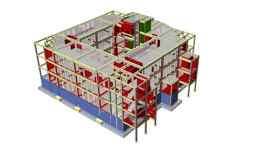 Modèle structurel d'un bâtiment administratif de trois niveaux avec voiles de contreventement rouges au-dessus d'un sous-sol bleu