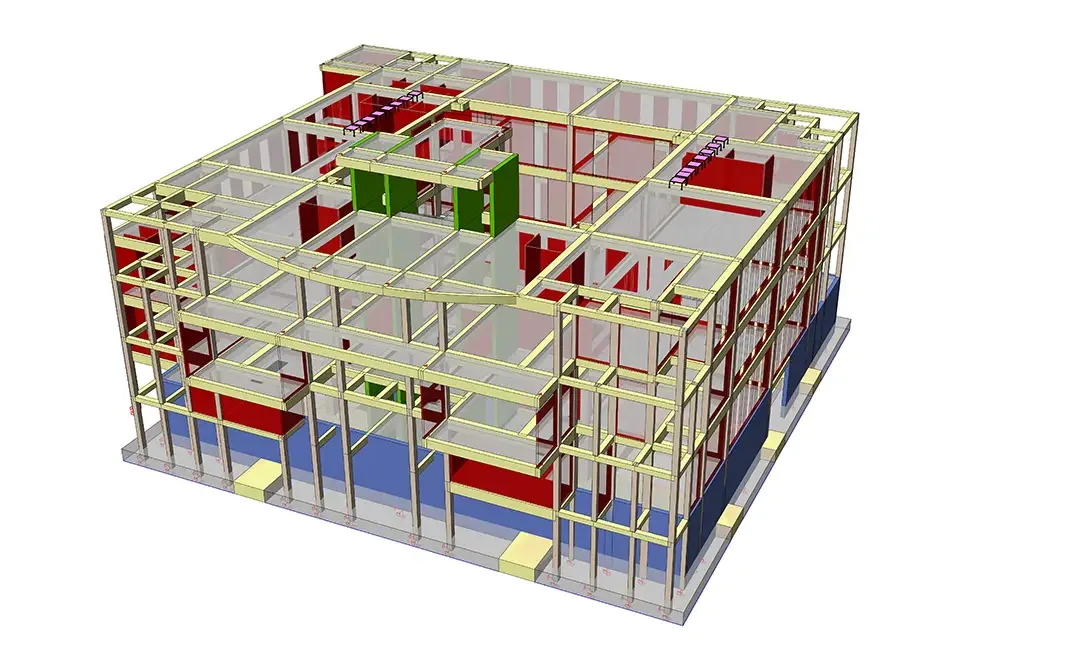 Modèle de bâtiment administratif vu de dessus, montrant le plancher, les noyaux et la position des escaliers