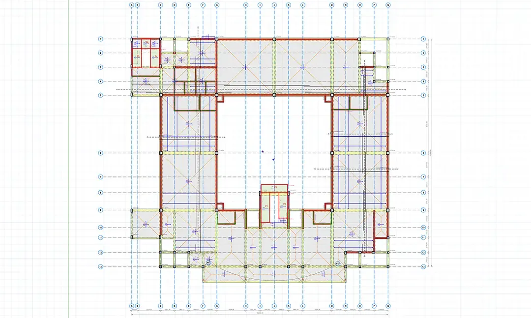 Plan de structure d'un niveau de bâtiment administratif avec voiles de contreventement et axes cotés
