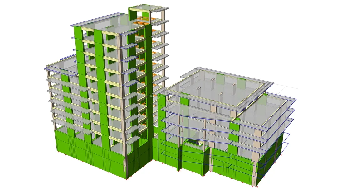 Modèle structurel d'un bloc résidentiel avec une aile haute et une aile basse, voiles de contreventement figurés en vert