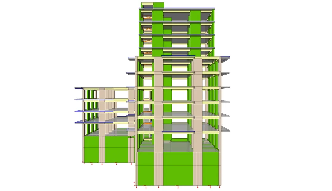 Élévation d'un immeuble résidentiel en béton armé avec voiles de contreventement verts et ossature poteaux-poutres
