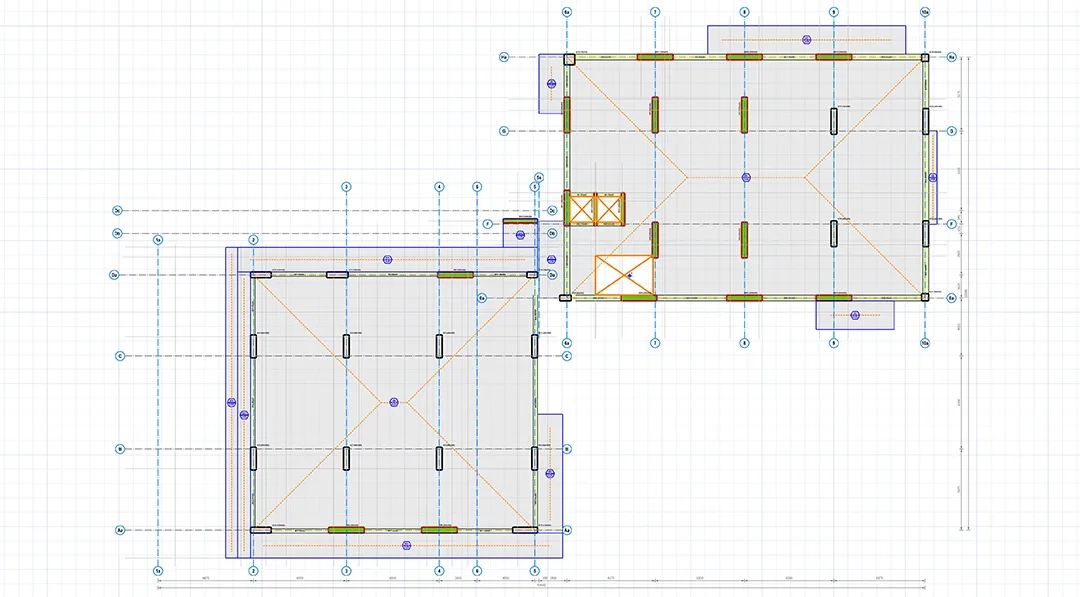 Plan de structure de deux blocs de bâtiment avec trame de poteaux, axes et contreventement repérés