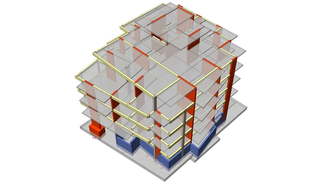 Modèle structurel d'un immeuble résidentiel de cinq niveaux avec voiles de contreventement orange et niveau de sous-sol bleu