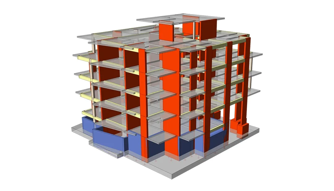 Modèle de bâtiment en béton armé de cinq niveaux avec voiles de contreventement orange, poutres de plancher et caisson de sous-sol