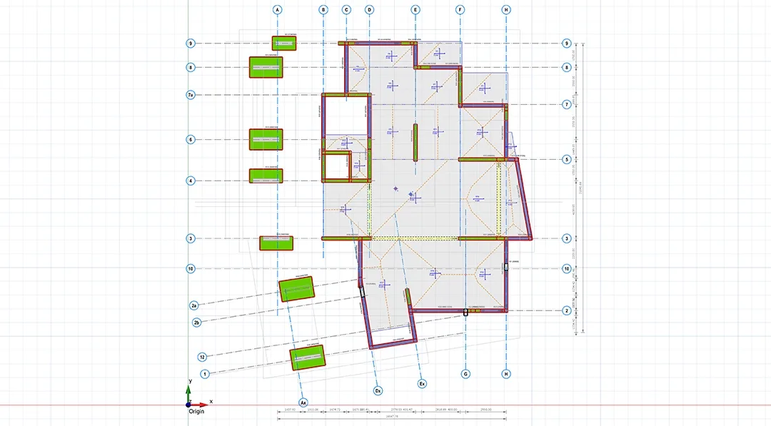 Plan de structure coté d'un plancher résidentiel avec voiles de contreventement et axes
