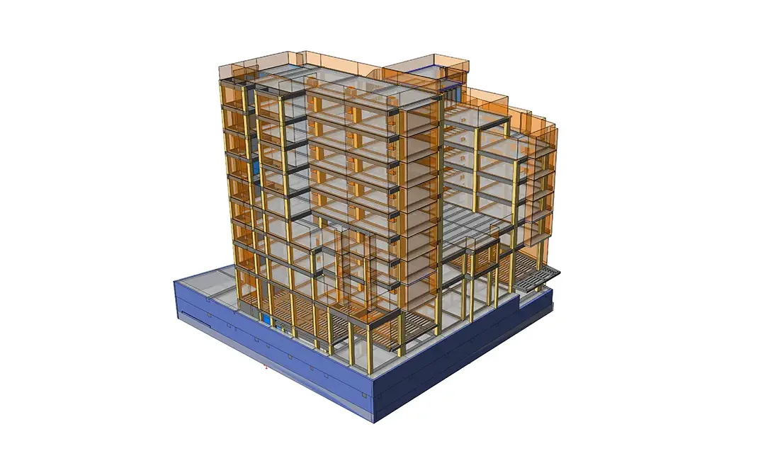Modèle structurel d'un centre de recherche avec une ossature orange s'élevant depuis un caisson de sous-sol bleu