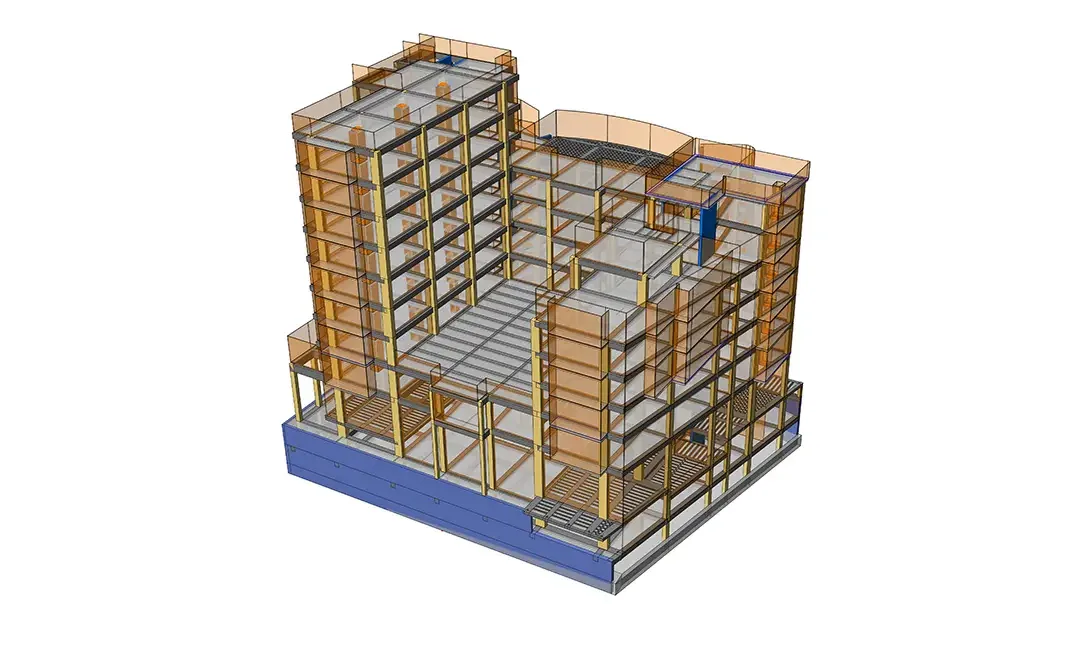 Modèle de centre de recherche montrant les poutres de plancher et les panneaux de dalle des niveaux supérieurs