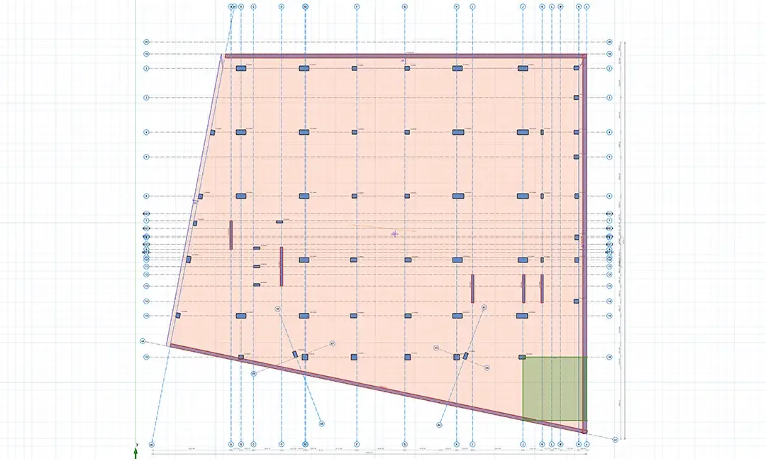 Plan de structure d'un centre de recherche sur une parcelle en forme de coin, avec la trame de poteaux repérée