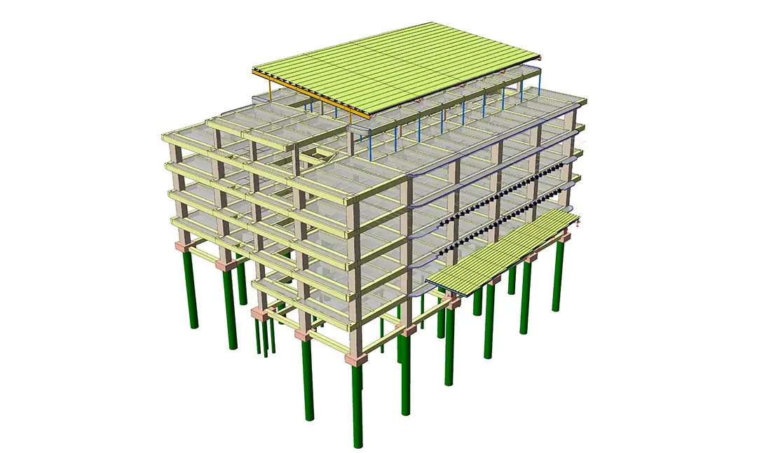 Modèle structurel d'un bâtiment d'institut de cinq niveaux avec dalle de toiture métallique portée par une fondation sur pieux