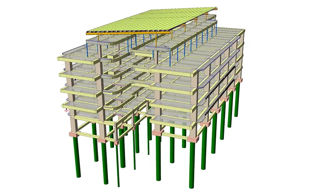 Modèle de bâtiment d'institut montrant les dalles de plancher, les poutres périphériques et la structure de toiture métallique au-dessus