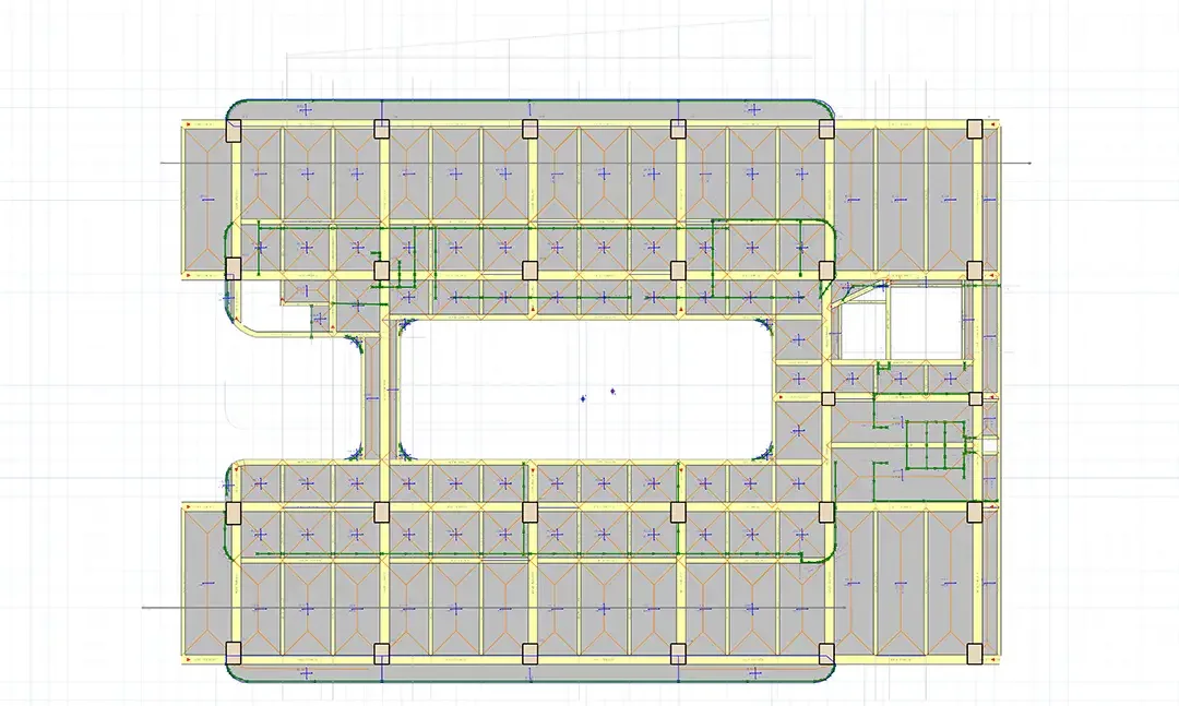 Plan de structure d'un bâtiment d'institut organisé autour d'une trémie de cour centrale