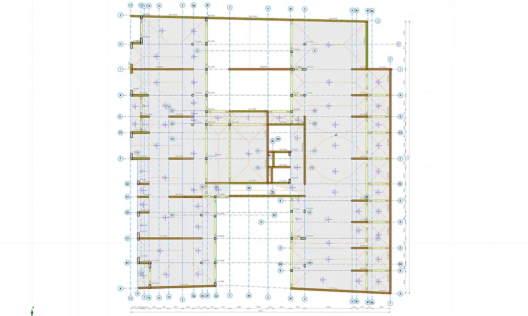 Plan de structure d'un immeuble résidentiel avec voiles de contreventement et axes cotés