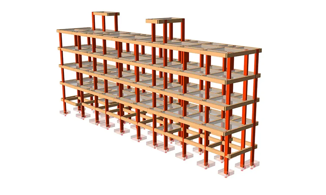 Modèle structurel d'un long bâtiment hôtelier de cinq niveaux avec poteaux orange et deux locaux techniques en toiture