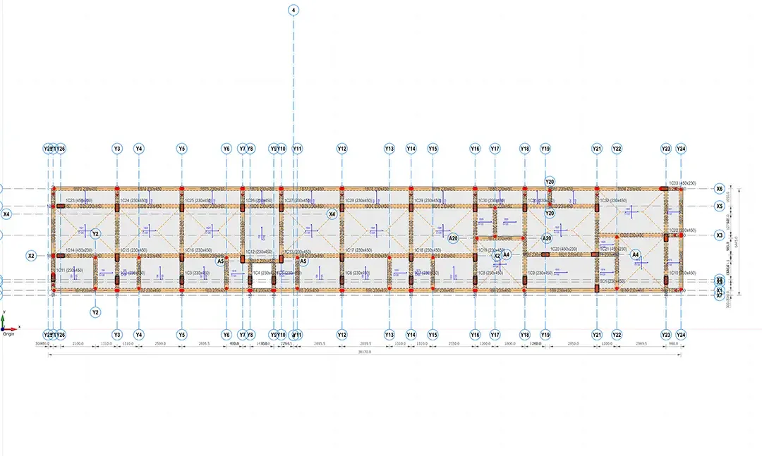 Plan de structure coté d'un plancher d'hôtel allongé montrant poteaux, poutres et axes