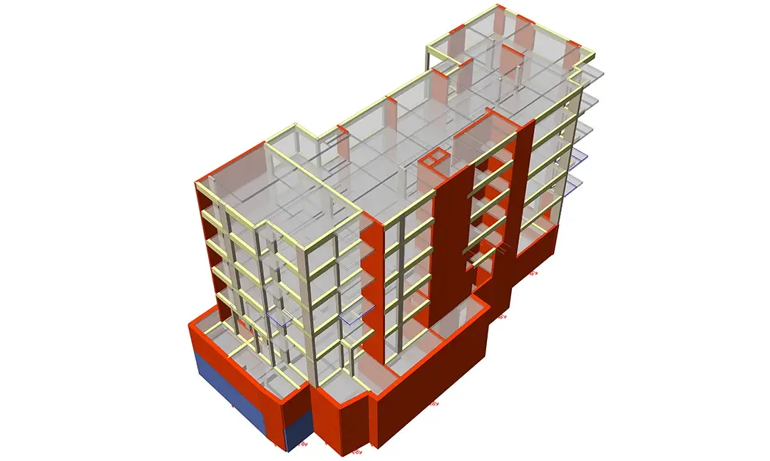 Modèle structurel d'un immeuble résidentiel de cinq niveaux avec voiles de contreventement orange en façade