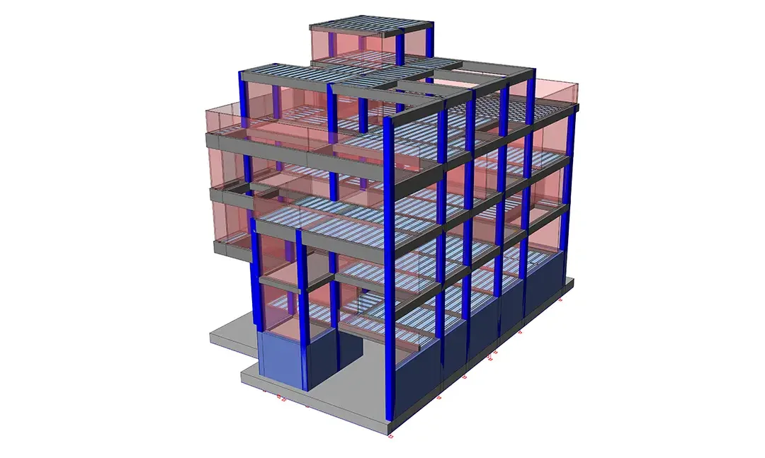 Modèle structurel d'un immeuble résidentiel avec poteaux bleus et voiles de contreventement rouges au-dessus du sous-sol