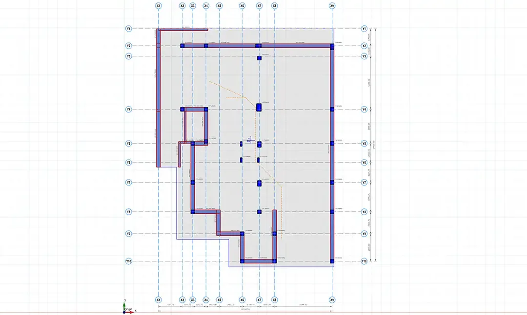 Plan de structure d'un niveau résidentiel avec le tracé du mur périphérique et les poteaux intérieurs