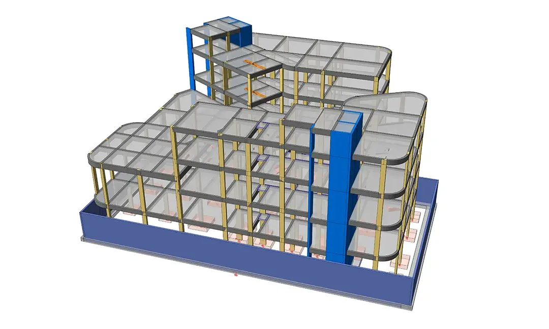Modèle structurel d'un bâtiment scolaire de trois niveaux avec poteaux jaunes au-dessus d'un caisson de sous-sol bleu