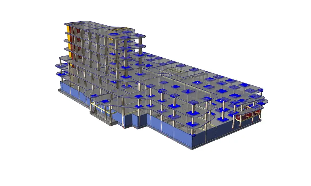 Modèle BIM structurel isométrique du centre de traitement du cancer de Tripoli montrant poteaux, poutres et dalles en béton sur plusieurs niveaux