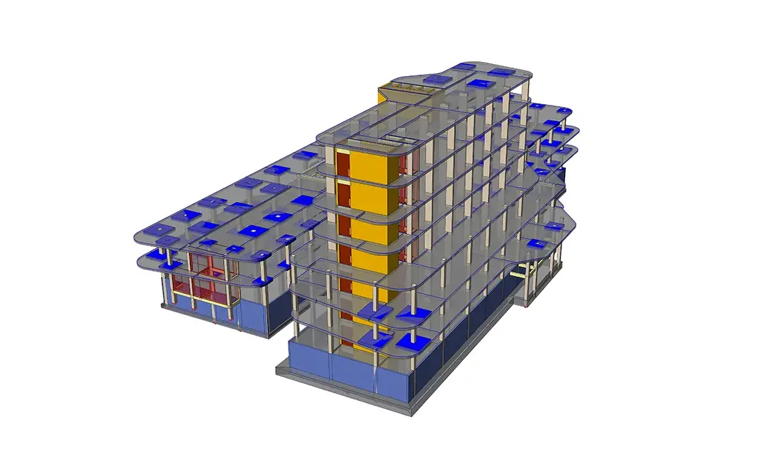 Vue isométrique d'un modèle BIM structurel à plusieurs niveaux avec poteaux en béton, dalles et noyaux de contreventement