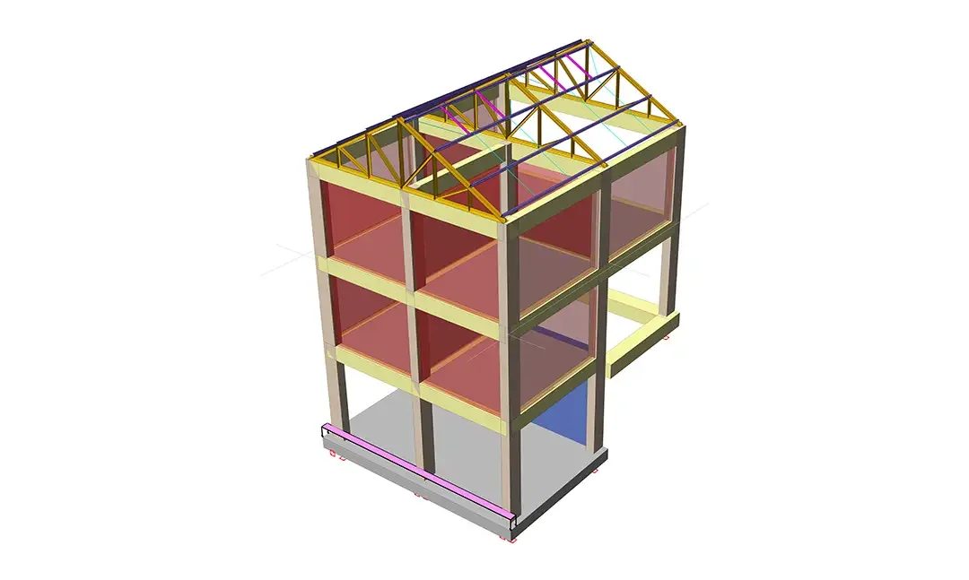 Vue isométrique d'un modèle BIM structurel à plusieurs niveaux avec poteaux en béton, dalles de plancher et fermes de toiture en bois ou en acier