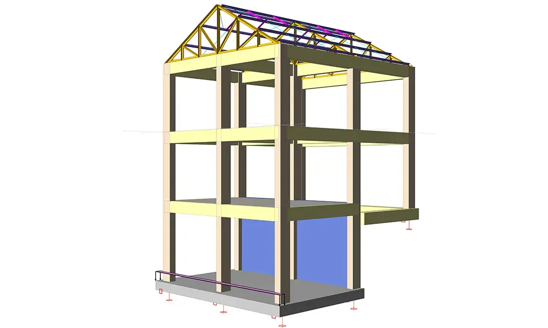 Modèle BIM isométrique d'un bâtiment à ossature en béton armé de trois niveaux avec fermes de toiture métalliques