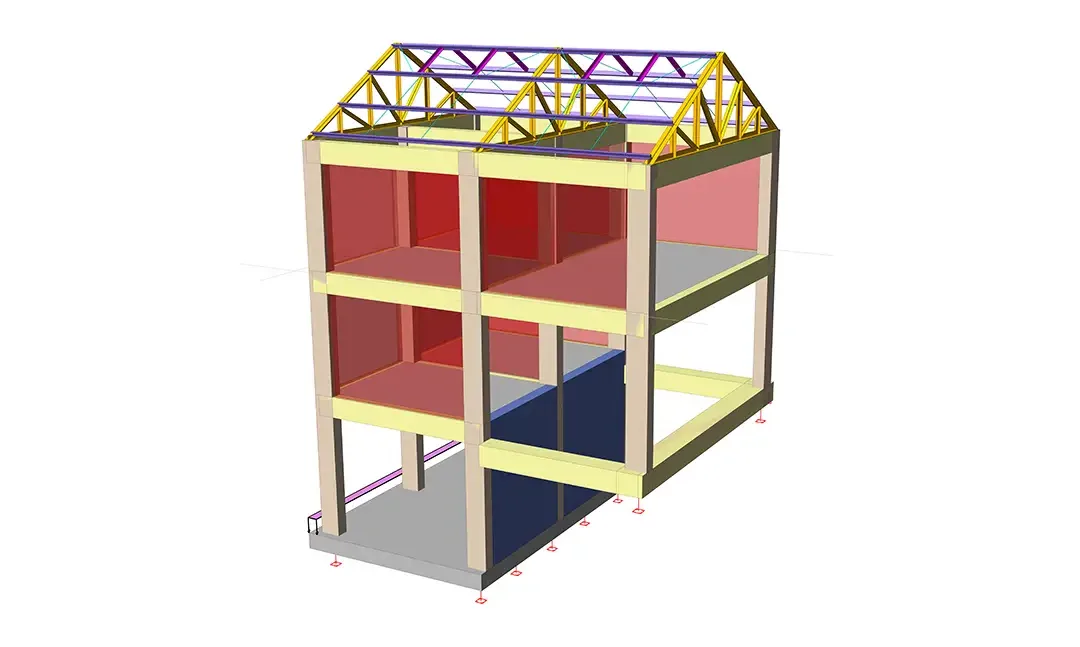Modèle BIM structurel isométrique de la Maison de vignoble montrant poteaux, poutres, voiles de contreventement et fermes de toiture