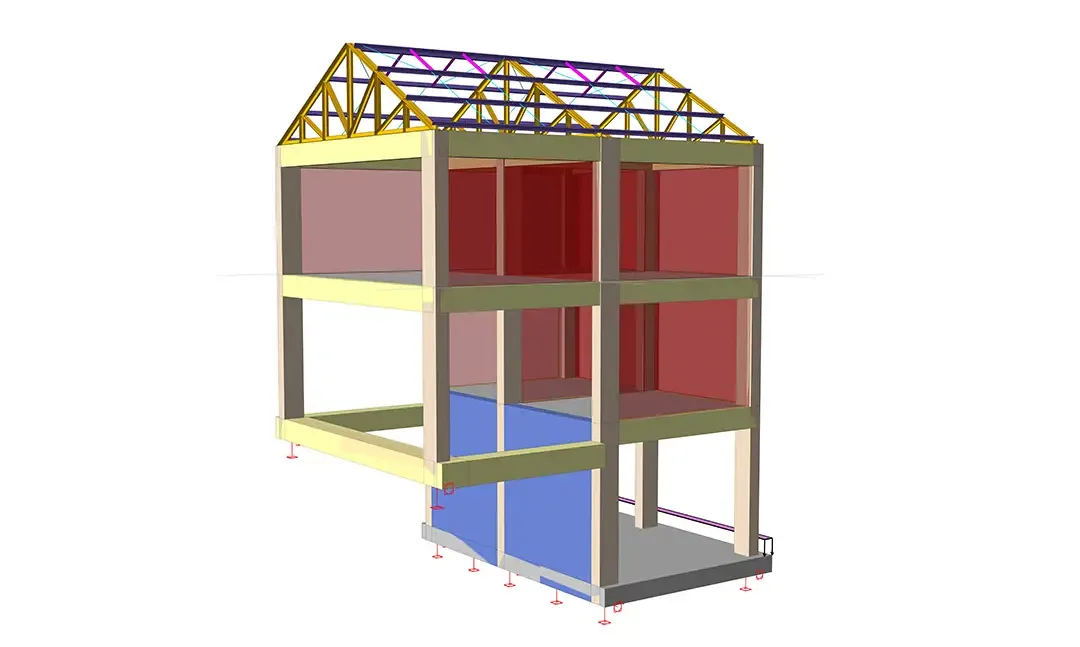 Modèle d'analyse structurelle isométrique de la Maison de vignoble montrant poteaux et poutres en béton sur plusieurs niveaux et fermes de toiture métalliques