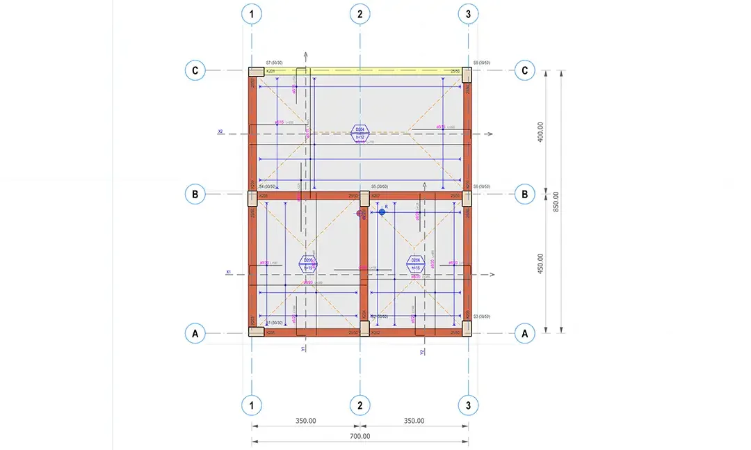 Plan de structure avec axes, cotations, poteaux, poutres et détails de ferraillage des dalles de la Maison de vignoble